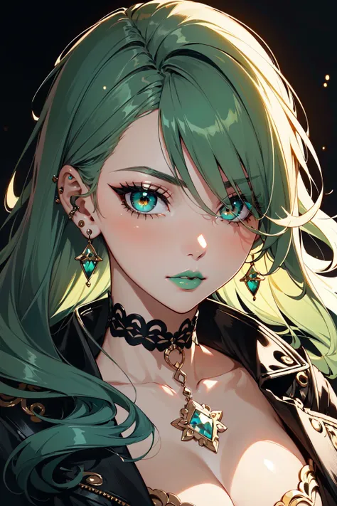(masterpiece, best quality, hires, high resolution:1.2), (beautiful, aesthetic, perfect, delicate, intricate:1.2), (cute, adorable), (depth of field:1.2), (dramatic shadows, deep shadows), (1girl, solo), (gothic girl), (eyeliner, eyeslashes, orange eyes), (full lips, glossy lips), (green lips:1.2), long wavy hair, (green hair), (piercings, earings, collar), (confident expression), (cleavage), (ornate delicate choker), (black jacket), (dark background), (focus on eyes)