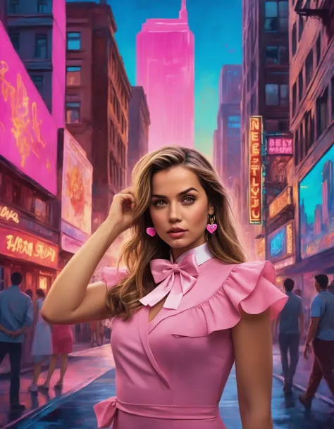 Architecture Photography, (((ohwx woman))) ,As Helga Pataki from Hey Arn!, wearing her pink dress, white shirt, and pink bow, secretly watching Arn from afar with her locket, capturing her unrequited love, city street background, vibrant colors, detailed ...