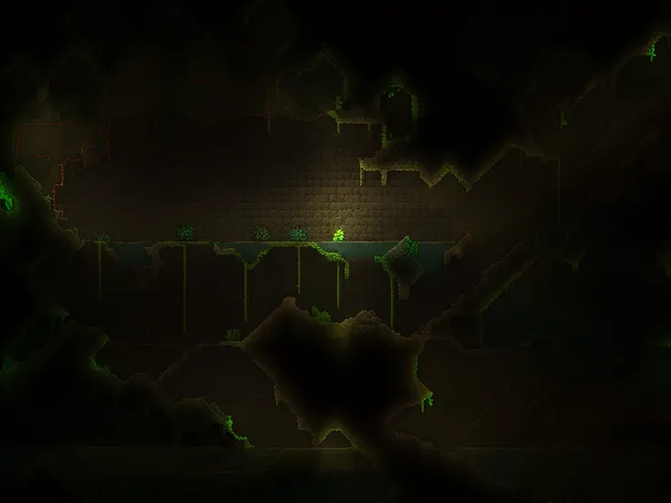 <lora:Terraria Style - V1:1>, Terraria_Style, 2D, pixelart, underground, glowing moss biome, glowing green moss, cave, stone blocks, stone walls, water, stone, iron ore, cobwebs, copper ore,, highest quality, highest quality visuals, highest details,