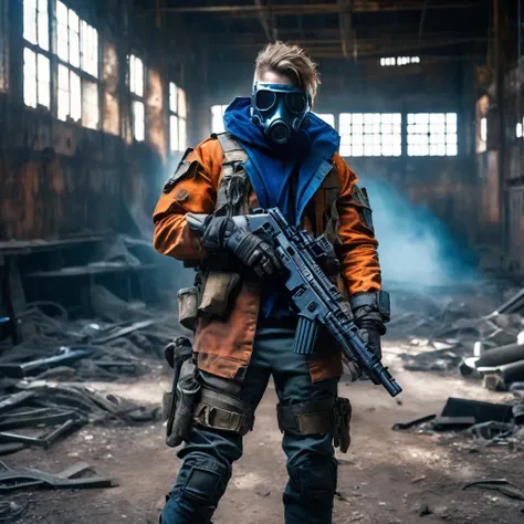 a rusty postapocalyptic military cyborg wearing a shabby tattered old futuristic flight jacket armed machine gun in an abandoned factory,Wearing a cloak and gas mask, with blue and orange movie tones, movement, dynamic posture, scars, scrap metal, radio