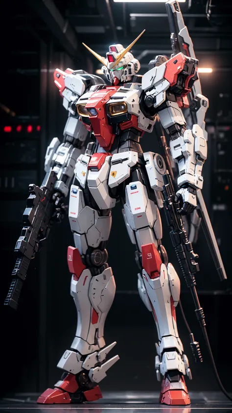 Hyperrealistic art BJ_Gundam,solo,holding,standing,weapon,holding_weapon,gun,no_humans,glowing,robot,clenched_hand,holding_gun,mecha,science_fiction,v-fin,mobile_suit,
cinematic lighting,strong contrast,high level of detail,Best quality,masterpiece,White b...