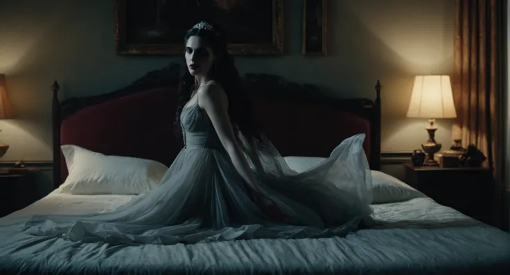 Dark Fantasy Art of (Cinematic Film stock footage style) in (arri alexa style) (Kodak film print style), hyperrealism
 <lora:Female Vampire:1>
Female Vampire a woman in a dress is dancing on a bed, dark, moody, dark fantasy style