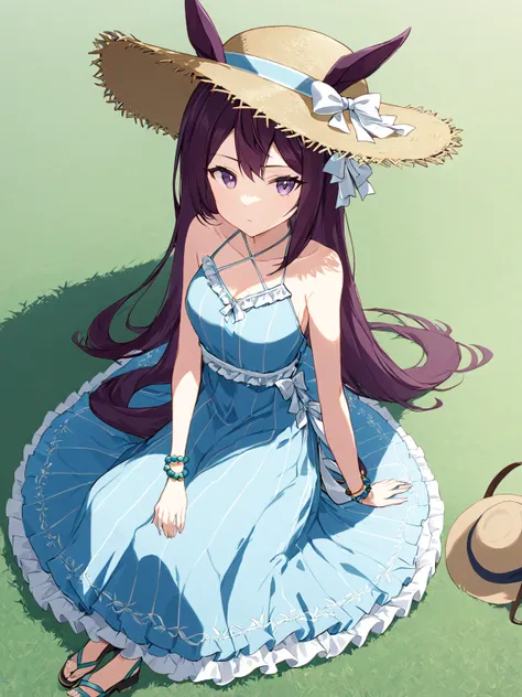 (masterpiece),(highest quality),highres,(an extremely delicate and beautiful),(extremely detailed), solo, Mejiro Dober (umamusume) wears official alternate costume, straw hat, ears through headwear, criss-cross halter, sleeveless blue dress, bead bracelet,...