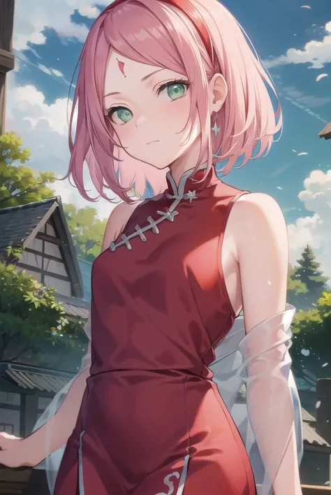 sakuraharuno, <lora:sakuraharunov3-lora-nochekaiser:1>,
sakura haruno, short hair, bangs, (green eyes:1.5), pink hair, hairband, facial mark, (forehead mark:1.2), red hairband, (swept bangs:1.5), (small breast:1.2),
BREAK chinese clothes, dress, (red dress...