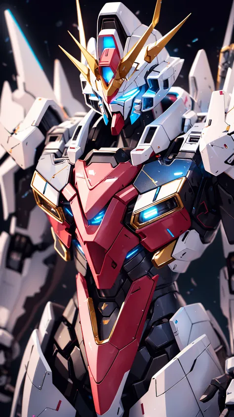 Hyperrealistic art BJ_Gundam,solo,blue_eyes,holding,weapon,holding_weapon,no_humans,glowing,robot,mecha,science_fiction,open_hand,v-fin,
cinematic lighting,strong contrast,high level of detail,Best quality,masterpiece,White background,. Extremely high-reso...