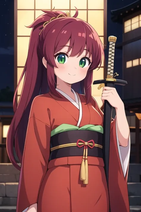 masterpiece, best quality, ultra detailed, anime style, 1girl, long hair, messy hair, maroon hair, green eyes, kimono, holding sword, japanese festival, night, warm, beautiful face, happy, cowboy shot