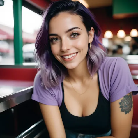 amateur photo of a woman, analog, raw, f2, 35mm, an (amateur photo) of a 28 year old alternative Brazilian naked girl, flash photography, taken on an old camera, polaroid,with purple hair, smile, happy, cute t-shirt, tattoos on her arms, sitting in a 50s d...