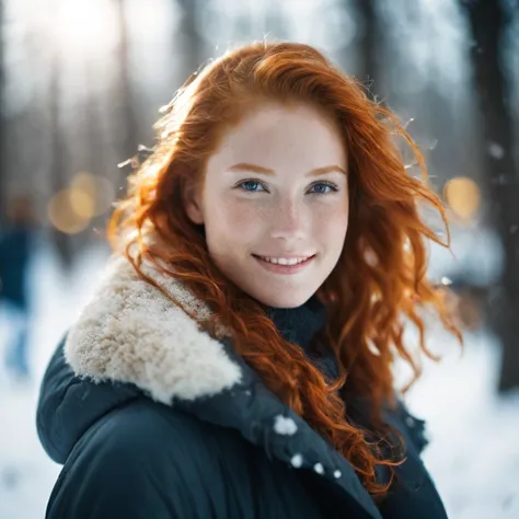 cinematic photo (art by Mathias Goeritz:0.9) , photograph, Lush Girlfriend, looking at the camera smiling, Rich ginger hair, Winter, tilt shift, Horror, specular lighting, film grain, Samsung Galaxy, F/5, (cinematic still:1.2), freckles . 35mm photograph, ...