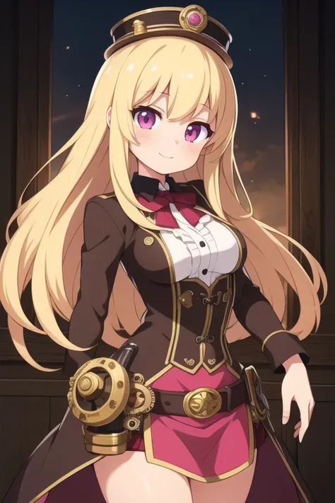 masterpiece, best quality, ultra detailed, anime style, 1girl, medium long hair, blond hair, pink eyes, steampunk outfit, steampunk city, warm, beautiful face, happy, cowboy shot