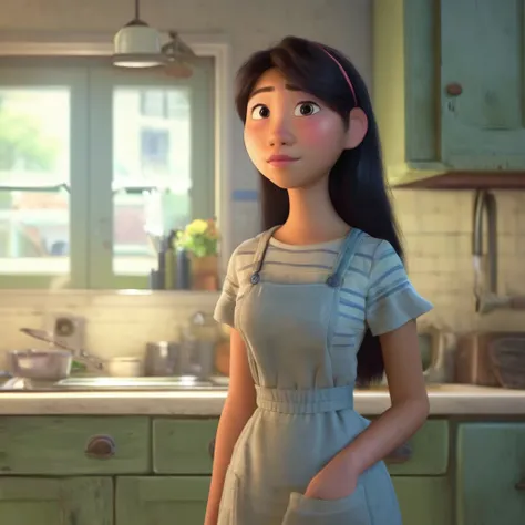 pixar style, beautiful 18 yo Asian woman standing in a home kitchen <lora:PixarXL-000003:1>