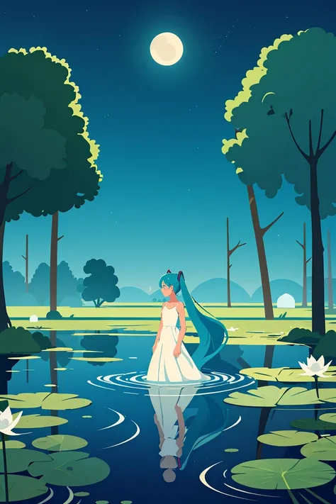 masterpiece,best quality,shadow flat vector art,masterpiece,best quality,art by Rami Niemi,1girl, nature, long hair, dress, forest, very long hair, tree, lily pad, moon, water,  white dress, deer, aqua hair, pond, outdoors, animal, solo, night, ripples, st...