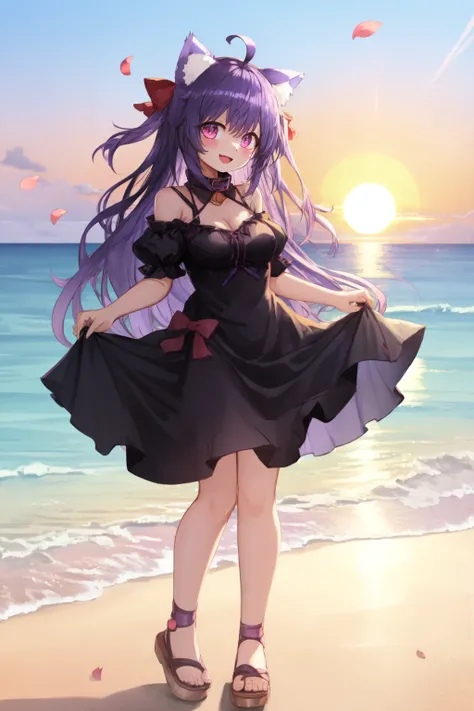 1girl solo breasts animal-ears dress long-hair purple-eyes black-dress smile cat-ears outdoors ahoge looking-at-viewer sandals cleavage sunset open-mouth standing small-breasts animal-ear-fluff ocean blush :d red-bow bangs bare-shoulders bow full-body hair...