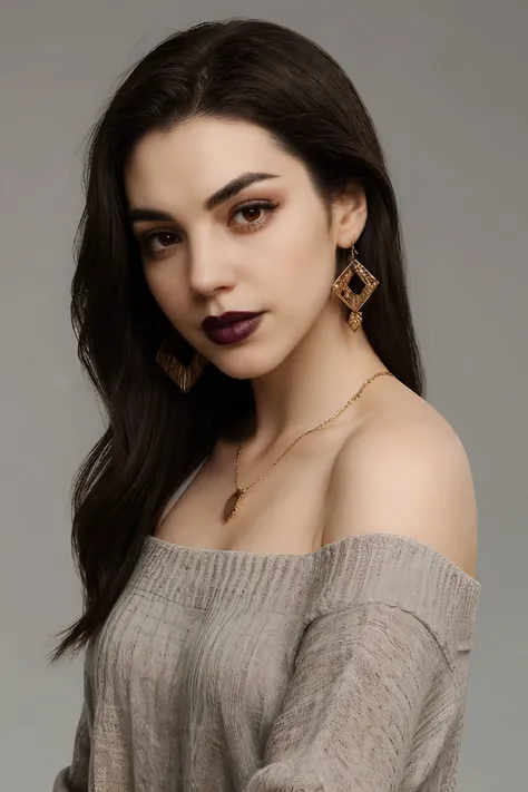 adelaide_kane, long hair, athletic body, symmetrical eyes,
gray off-shoulder top sweater, grey jeans, earrings, detailed skin, BREAK black lipstick, lipstick, black makeup,
medium shot, upper body, portrait, HD, solid white background, realistic, proportio...