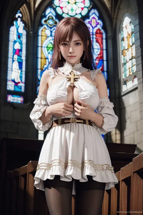 <lora:doa_honoka:0.7> honoka, cleric dress, pantyhose, church, stained glass, soft lighting, sexy