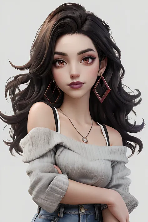 adelaide_kane, long hair, athletic body, symmetrical eyes,
light blue off-shoulder top, grey jeans, earrings, detailed skin, BREAK black lipstick, lipstick, black makeup,
portrait, headshot, head shot, HD, solid white background, realistic, proportionate b...