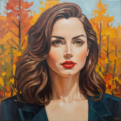 Expressionist portrait painting of a woman in the fall season, oil on canvas