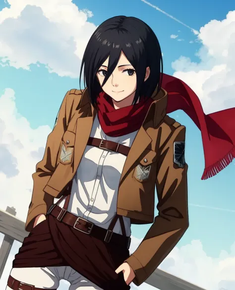 hmmikasa,hands in pockets, hort hair, black eyes, emblem, belt, thigh strap, red scarf, brown jacket, long sleeves, <lora:mikasa_ackerman_v1:0.8> DUTCH angle,cloudy sky,tiny smile