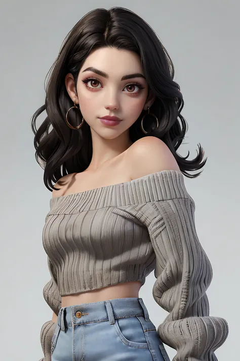 adelaide_kane, long hair, athletic body, symmetrical eyes,
light blue off-shoulder top, grey jeans, earrings, detailed skin, BREAK black lipstick, lipstick, black makeup,
portrait, headshot, head shot, HD, solid white background, realistic, proportionate b...