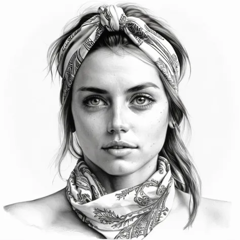 pencil sketch of a woman wearing a bandana, highly detailed, masterpiece