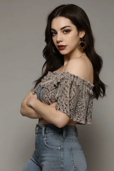 adelaide_kane, long hair, athletic body, symmetrical eyes,
blue off-shoulder top, grey jeans, earrings, detailed skin, BREAK black lipstick, lipstick, black makeup,
portrait, HD, solid white background, realistic, proportionate body,
<lora:Adelaide_Kane:0...