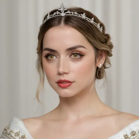 Portrait photo of an actress dressed as a medieval queen with a delicate tiara on her head, Nikon Z9, realistic matte skin, skin texture visible, (sharp focus), (high quality)