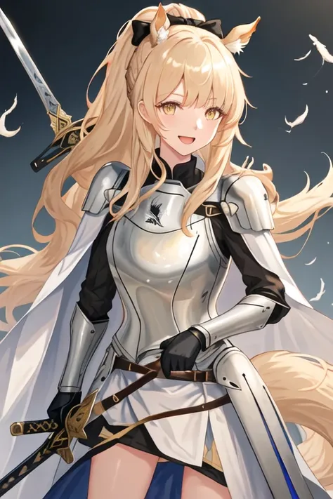 best quality, masterpiece, highres, solo, {blemishine_arknights:1.15}, long_hair, animal_ears, horse_ears, blonde_hair, animal_ear_fluff, ponytail, bangs, yellow_eyes, horse_girl, upper_body, smile, hair_bow, bow, black_bow, extra_ears, 1girl, armor, holdi...