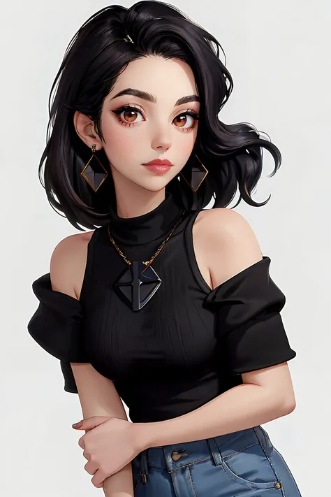 adelaide_kane, long hair, athletic body, symmetrical eyes,
light blue off-shoulder top, grey jeans, earrings, detailed skin, BREAK black lipstick, lipstick, black makeup,
portrait, headshot, head shot, HD, solid white background, realistic, proportionate b...