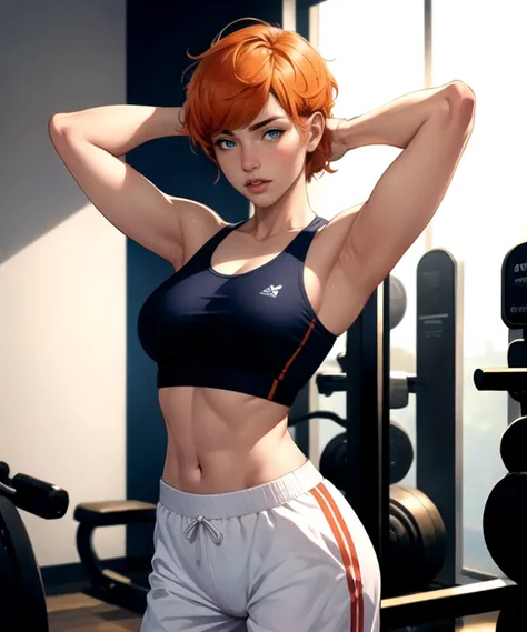 woman, (detailed skin), (perfect face), defined jawline, beautiful lips, (beautiful bright blue eyes), (short spiky haircut, bangs, orange hair), (perfect anatomy), (athletic body), (sexy), (navy blue sports bra with white accents), (loose baggy white swea...