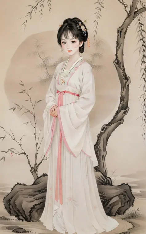 negative space,portrait of a woman standing,willow branches,(masterpiece, best quality:1.2),traditional chinese ink painting,modelshoot style,peaceful,(smile),looking at viewer,(wedding dress:0.8),(mechanical exoskeleton:1),song,willow tree in background,w...