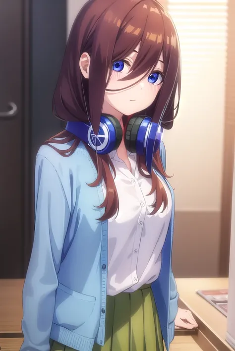 mikunakano, <lora:mikunakanospecial-lora-nochekaiser:1>, 
miku nakano, long hair, bangs, blue eyes, brown hair, shirt, hair between eyes, headphones, cardigan, headphones around neck,
BREAK skirt, shirt, long sleeves, white shirt, pantyhose, pleated skirt,...