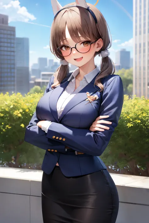 <lora:moe_v2:0.8>moe ba,  smile, brown eyes, glasses, long hair, open mouth, halo, outdoors,  fake animal ears, looking at viewer, 1girl,blush, solo, large breasts, low twintails, upper body, white shirt, black suit, pencil skirt, office lady, business sui...