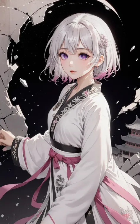 ((masterpiece)),((best quality)),(ultra-detailed),(illustration),((an extremely delicate and beautiful)),(dynamic angle),(line art:1.2),1girl,solo, beautiful detailed girl,bob cut,Purple eyes,streaked hair,White hair,serafuku,Dark pink background,Black and...