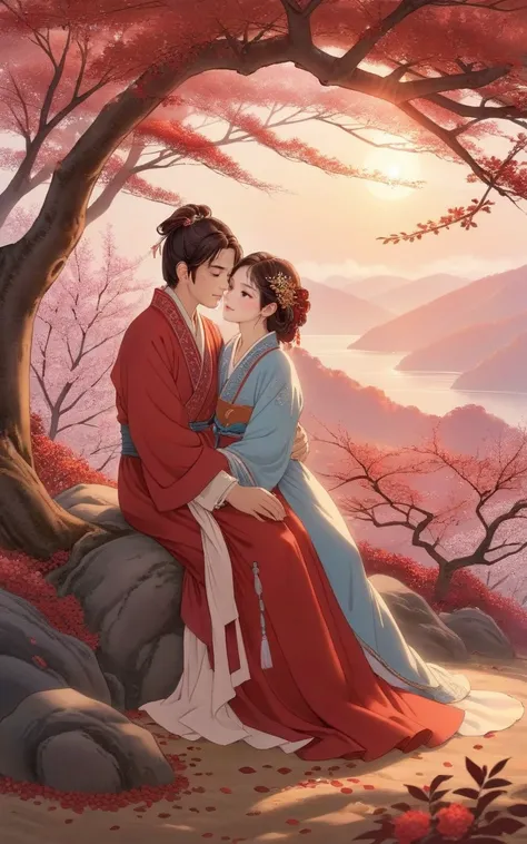 Under a Ormosia hosiei, the autumn leaves piled up like a mountain, and the morning sun shone gently. The two lovers hugged each other tightly, with deep love and missing in their eyes. The soft colors create a strong autumn atmosphere. The beautiful red b...