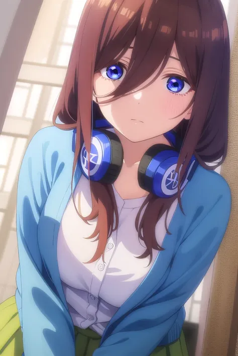 mikunakano, <lora:mikunakanospecial-lora-nochekaiser:1>, 
miku nakano, long hair, bangs, blue eyes, brown hair, shirt, hair between eyes, headphones, cardigan, headphones around neck,
BREAK skirt, shirt, long sleeves, white shirt, pantyhose, pleated skirt,...