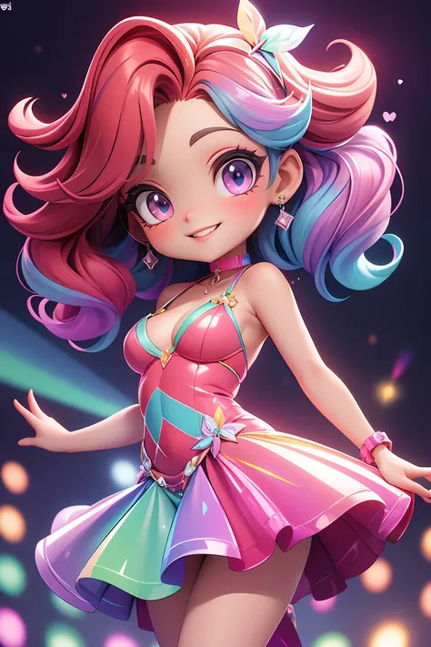 chibi, masterpiece, best quality, original, official art,fcPortrait, Petite woman, her every feature bathed in the playful glow of a pink color scheme, captivating and mesmerizing, ((bodycon dress adorned with iridescent hues, reflecting light in a dazzlin...