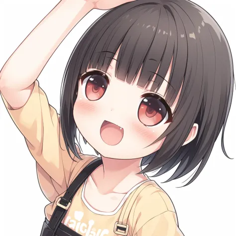 best_quality,masterpiece,1_girl,  <lora:cura:0.6>,  smile, fang, black hair, short hair,bangs, open mouth, side ponytail,arm up,...