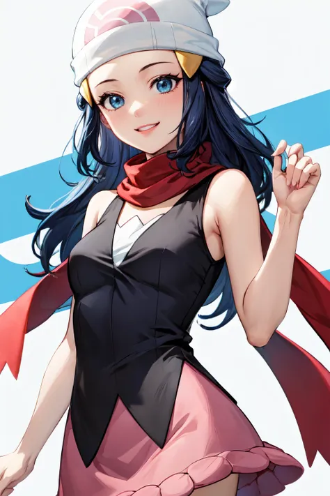 <lora:dawn_v2:1> dawn pokemon, long hair,sleeveless shirt, black shirt, red scarf, blue eyes, dark blue hair, beanie, hairpin, p...