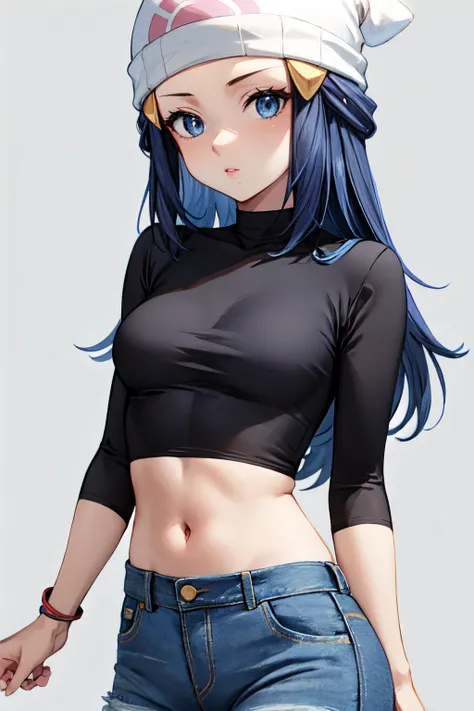 <lora:dawn_v2:1> dawn pokemon, long hair,  blue eyes, dark blue hair, beanie, hairpin, 1girl,solo,   parted lips, wrap crop top,...