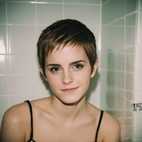 polaroid photo closeup of a ohwx woman in a bathroom <lora:watson_lora_v2_128:1> . flash photography, light bleed, scratches, Terry Richardson style