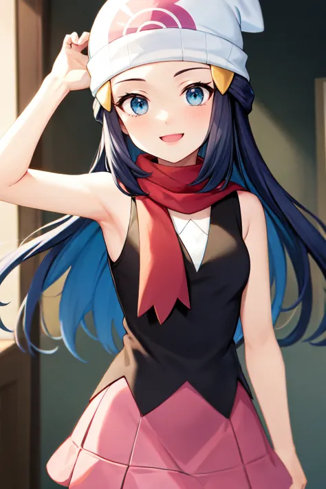 <lora:dawn_v2:1> dawn pokemon, long hair,sleeveless shirt, black shirt, red scarf, blue eyes, dark blue hair, beanie, hairpin, p...