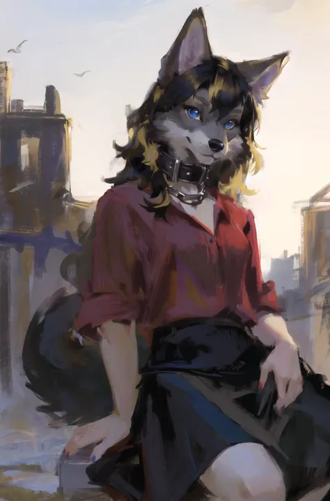 masterpiece,highres,wolf furry girl,blonde,(yellow_and_black_hair:1.3),long hair,crossed bangs,blue eyes,high detail eyes,
red shirt,(black skirt:1.2),(high detail grey fur and skin:1.4),,punk collar,zootopia, fur paws,
(looking at viewer:1.2)
<lora:æé¨...