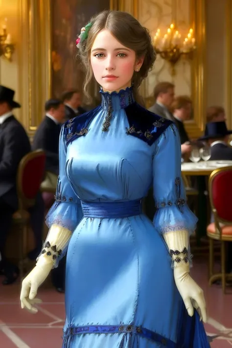 masterpiece, uhd, sharp color  photo of a pretty lady wearing a high-neck layered dress, with a hit on, at a Parisian cafe   <lora:1910_dress_v1:1> 1910_dr3ss