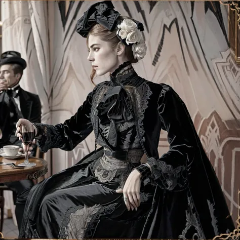 vintage photo of a c4rmr0se wearing a small hat and a black and white layered velvet dress, jacket with appliques on the bust and lace cuffs, seated at a cafe drinking wine with men <lora:1900_dress_v2:1> 1900_dr3ss  <lora:age_slider_v20:2>