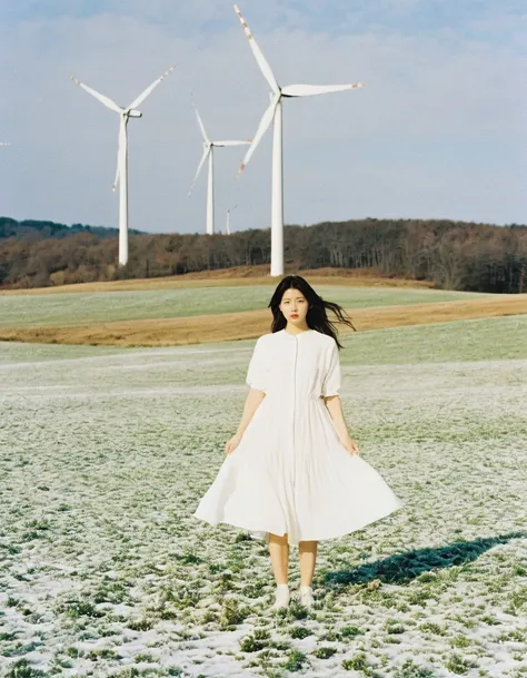 a woman in a white dress standing in the snow,bae suzy,wind turbines,dezeen,90s japan,field notes,ayami,vogue cover : :,inside a...