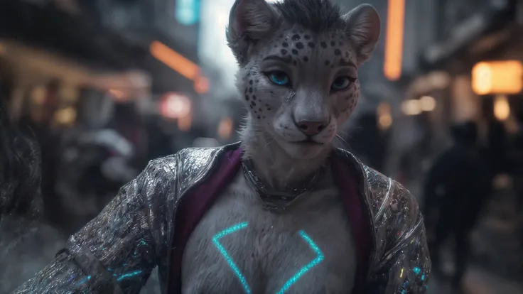 detailed background, cyberpunk cityscape, towering skyscrapers adorned with holographic billboards, snow-covered streets illuminated by neon lights, (furry female:1.2)snow leopard anthro with(luxurious white fur covered in silver circuit patterns):1.4), se...