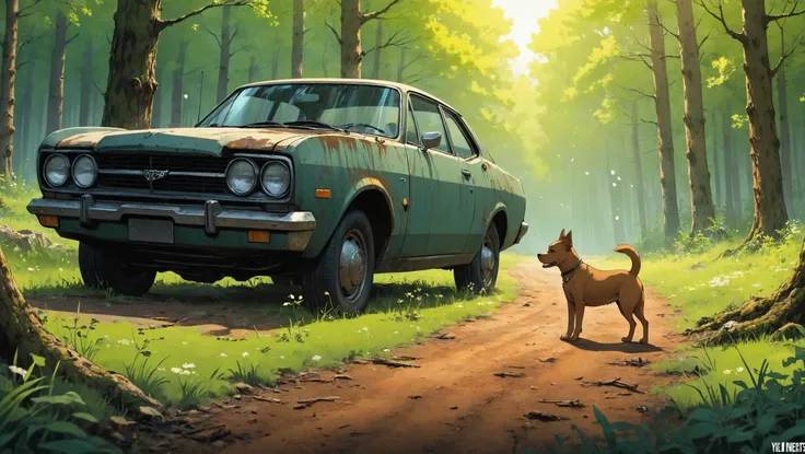 there is a painting of a car in the woods with a dog, epic graphic novel wallpaper, toon render keyshot, rust, | fine detail ani...