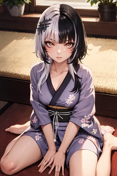masterpiece, best quality, absurdres, perfect anatomy, 1girl, solo, ShioriNovella, split-color hair, hair ornament, indoors, kimono, hair flower, floral print, wariza, sitting, hands on own knees, <lora:ShioriV2:1>