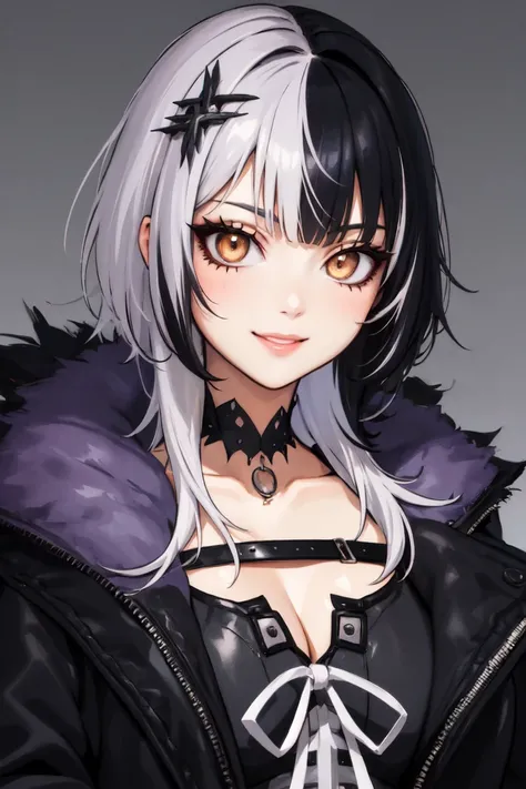masterpiece, best quality, absurdres, perfect anatomy, 1girl, solo, ShioriBase, split-color hair, hair ornament, choker, black dress with white ribbon, black jacket, fur trim, upper body, portrait, smile, <lora:ShioriV2:1>