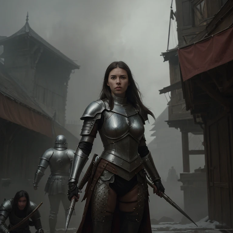 modelshoot style, (extremely detailed CG unity 8k wallpaper), full shot body photo of the best artwork in the world, medieval armor, female knight, oath, professional majestic oil painting by Ed Blinkey, Atey Ghailan, Studio Ghibli, by Jeremy Mann, Greg Ma...