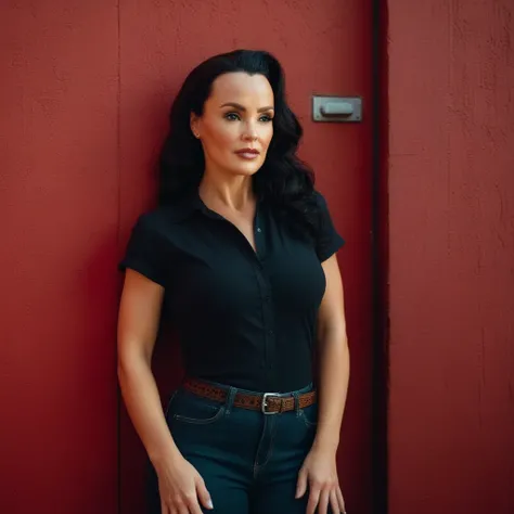 cinematic film still of a woman standing against a red wall wearing a black shirt retro style
 <lora:Lisa Ann-000002:1> Lisa Ann
<lora:Retro:1>, shallow depth of field, vignette, highly detailed, high budget, bokeh, cinemascope, moody, epic, gorgeous, film...